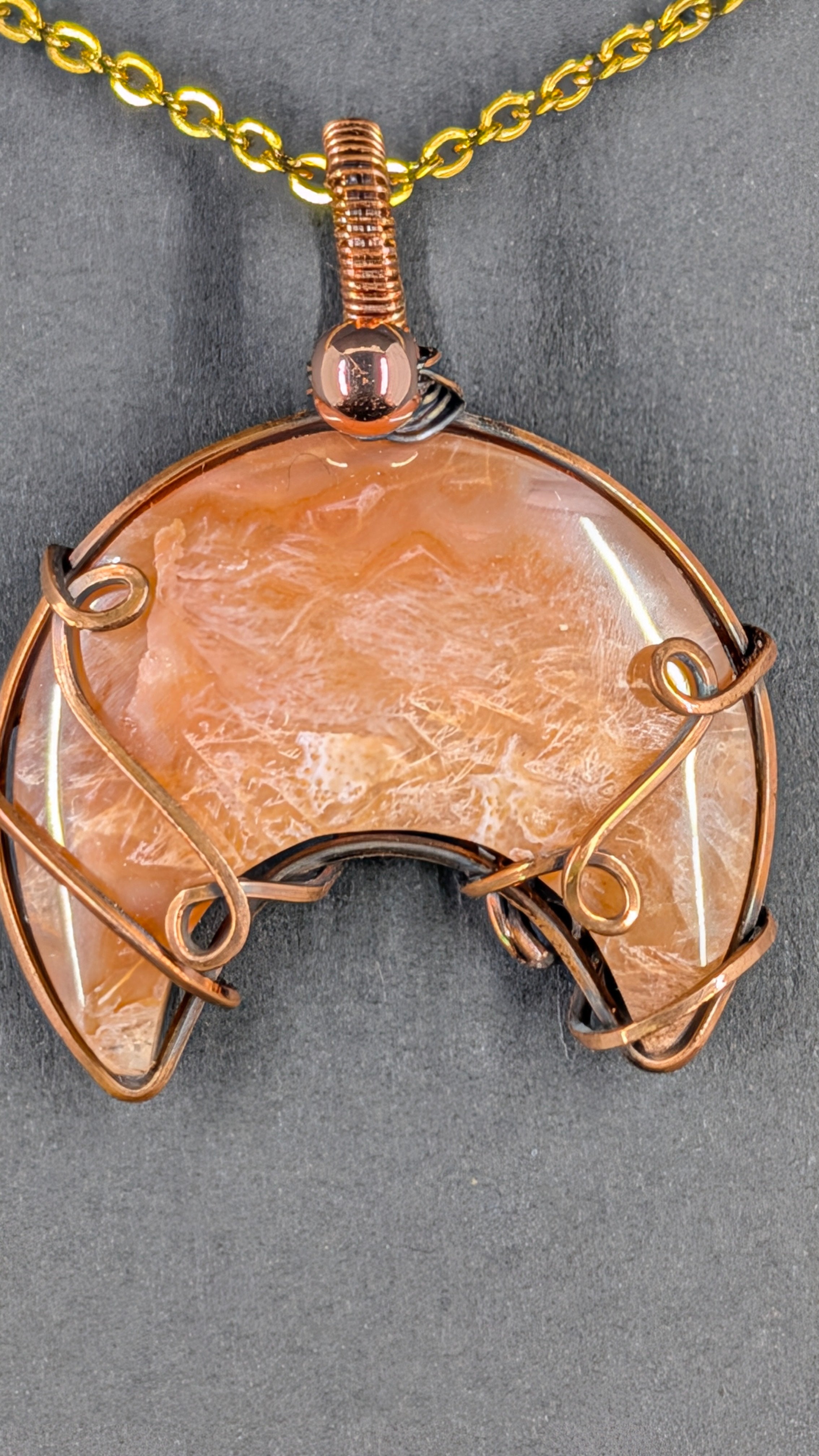 Handcrafted Crescent Moon Carnelian Wire Wrapped Pendant in Pure Copper