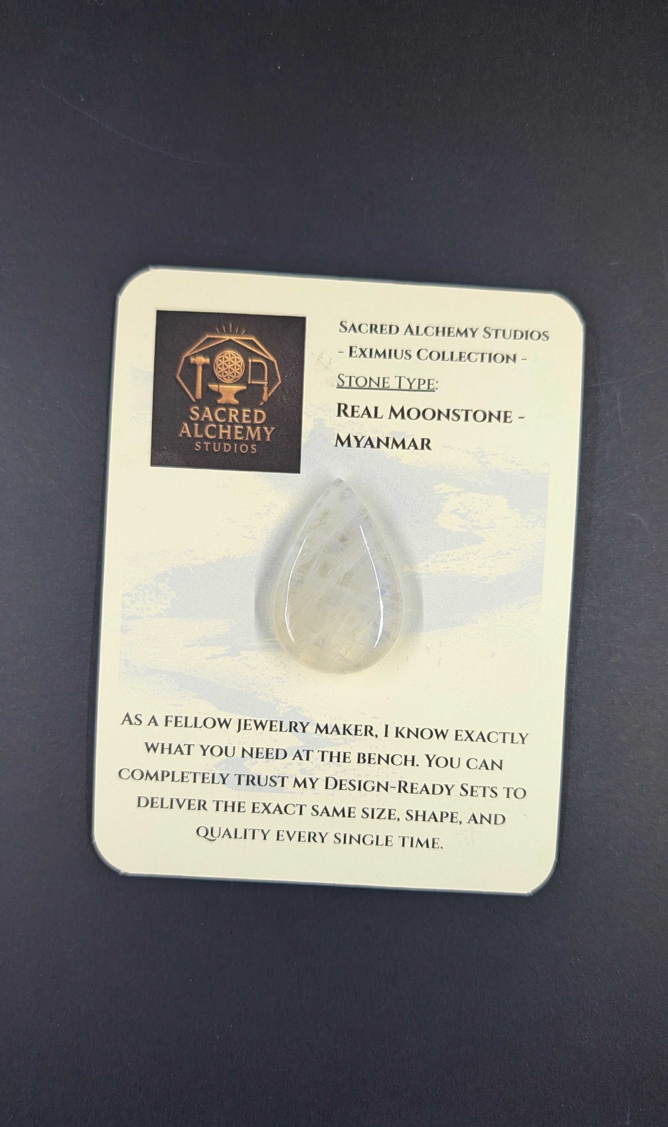 Sacred Alchemy Eximius Collection | Handcrafted Tear Shaped Rainbow Moonstone Cabochon (Myanmar)