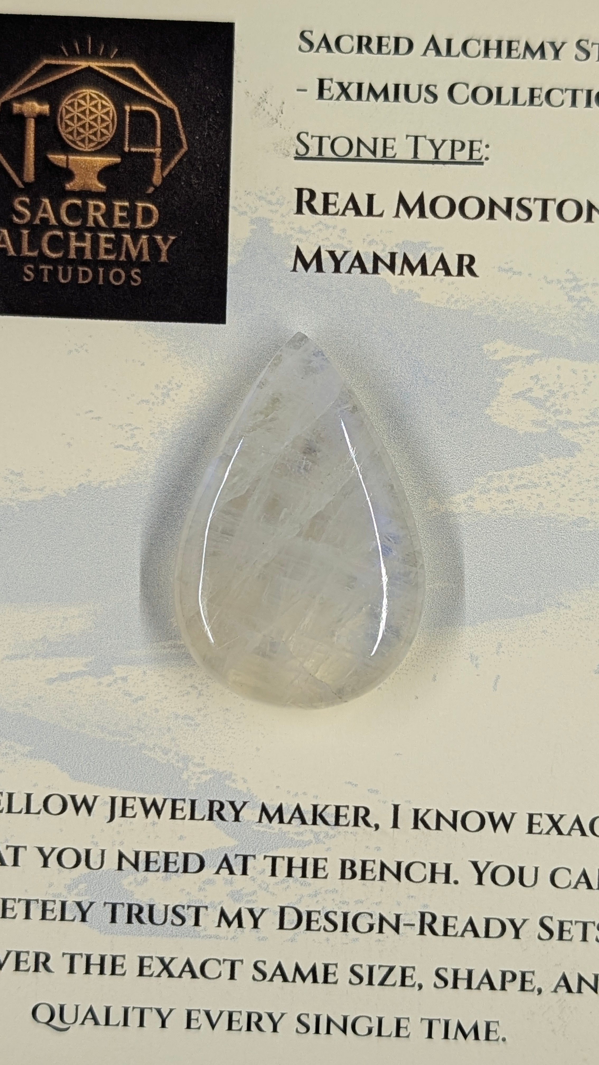 Sacred Alchemy Eximius Collection | Handcrafted Tear Shaped Rainbow Moonstone Cabochon (Myanmar)