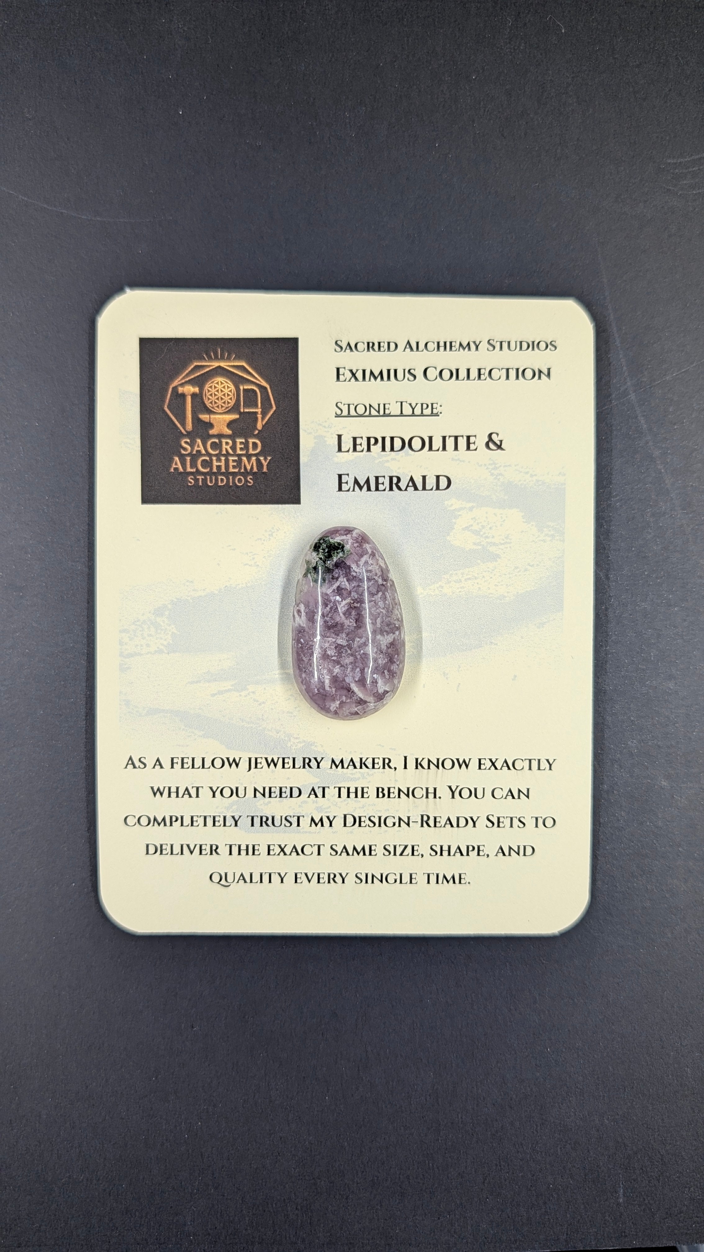 Sacred Alchemy Eximius Collection | Handcrafted Lepidolite & Emerald Cabochon (Minas Gerais, Brazil)