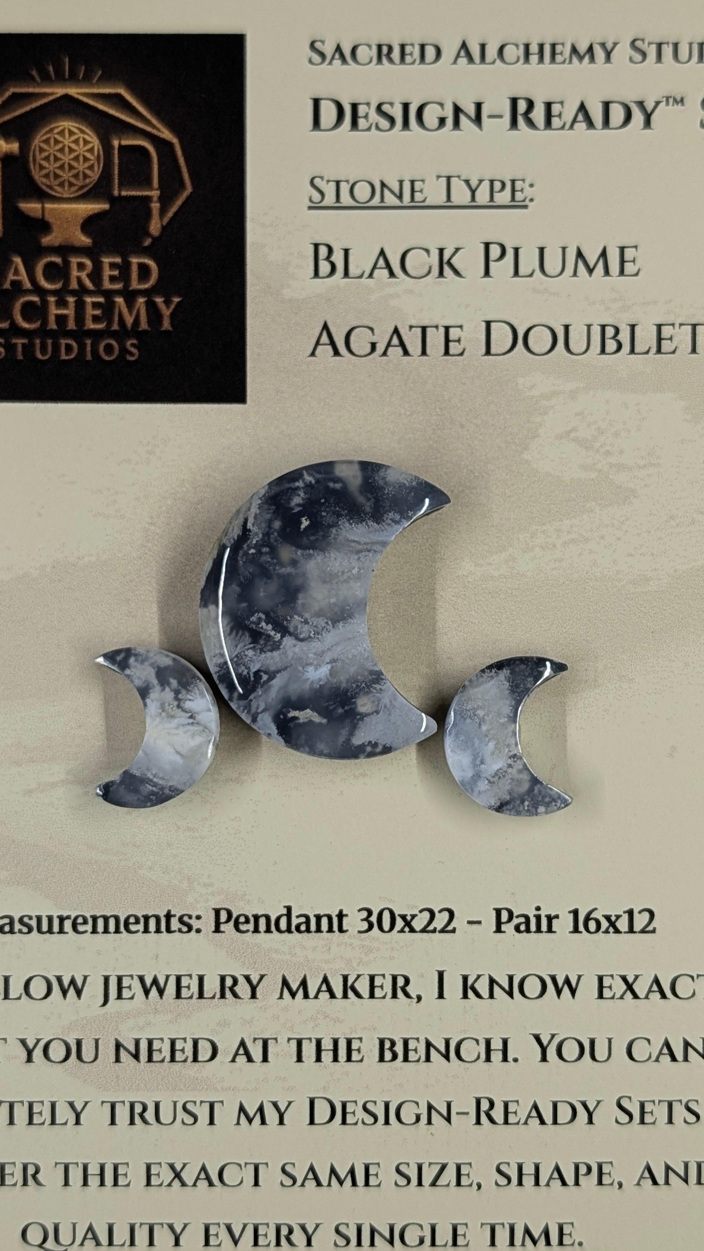 Crescent Moon - Black Plume Agate Doublet - Design-Ready™ Set