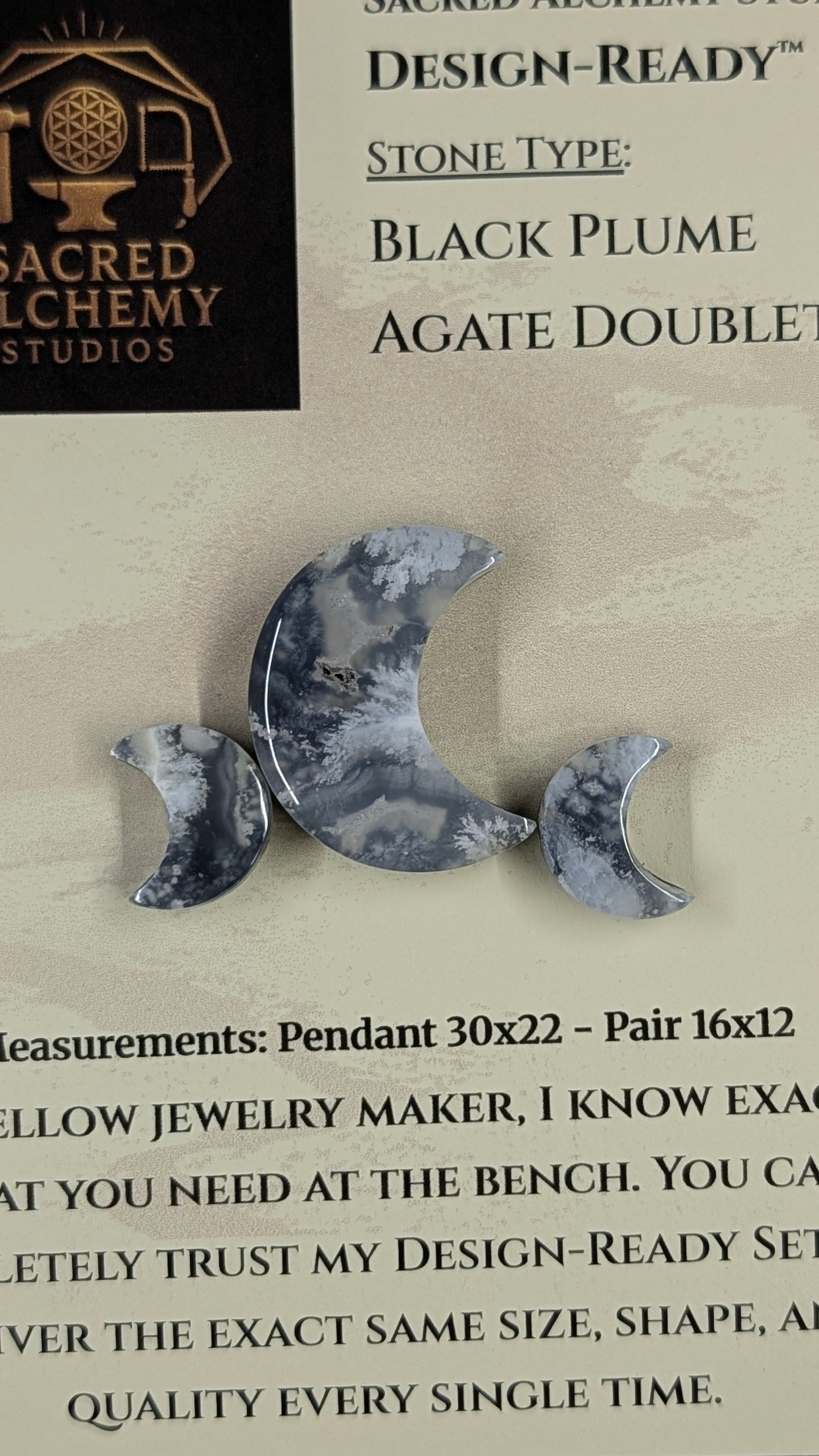 Crescent Moon - Black Plume Agate Doublet - Design-Ready™ Set
