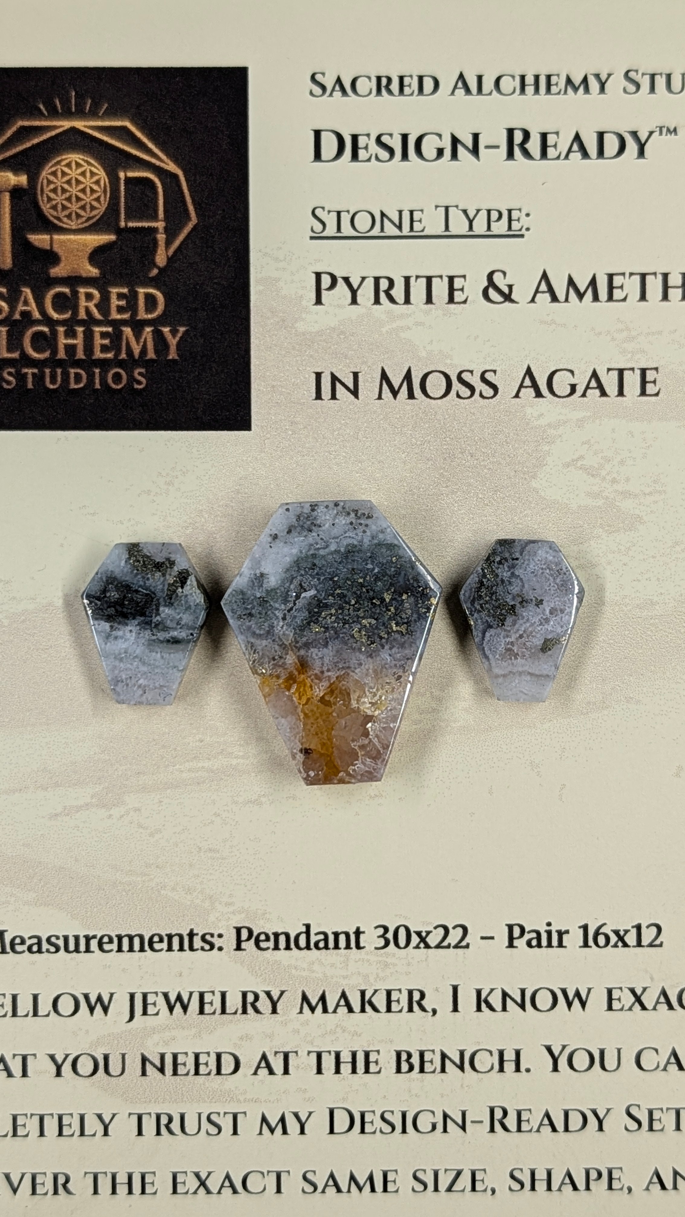 Coffin Shape - Pyrite & Amethyst in Moss Agate - Design-Ready™ Set