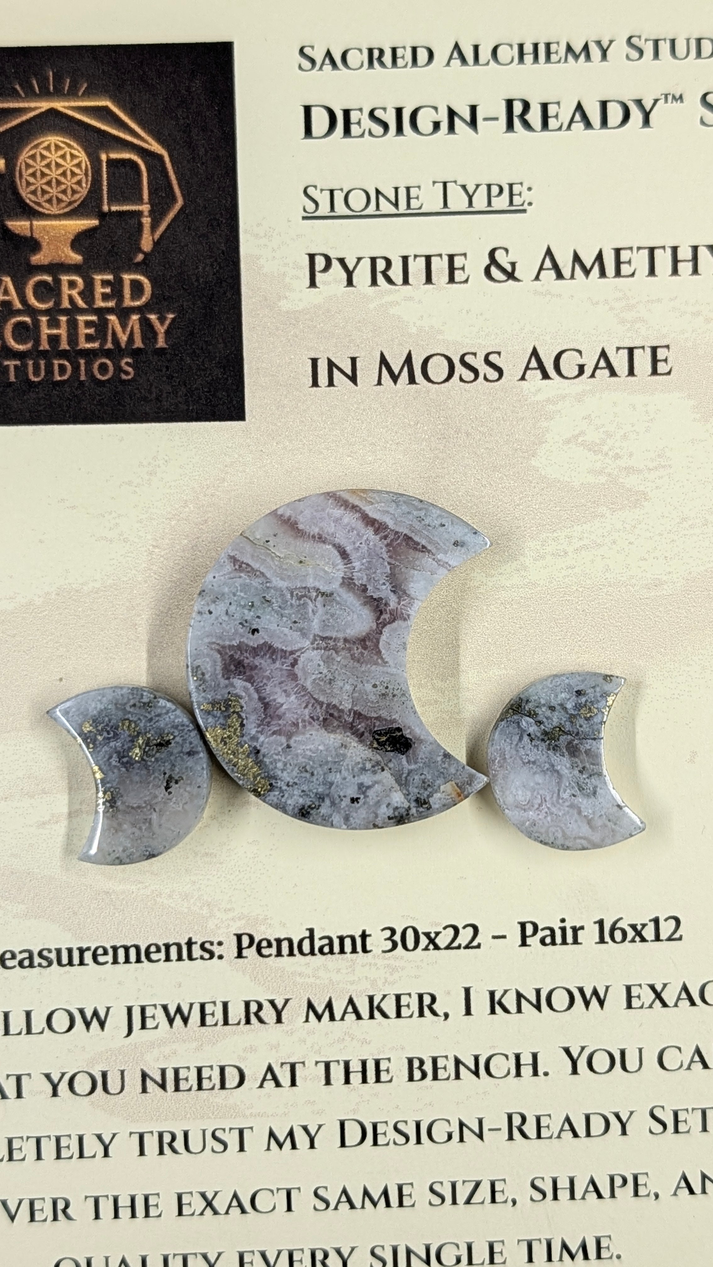 Crescent Moon - Pyrite & Amethyst in Moss Agate - Design-Ready™ Set