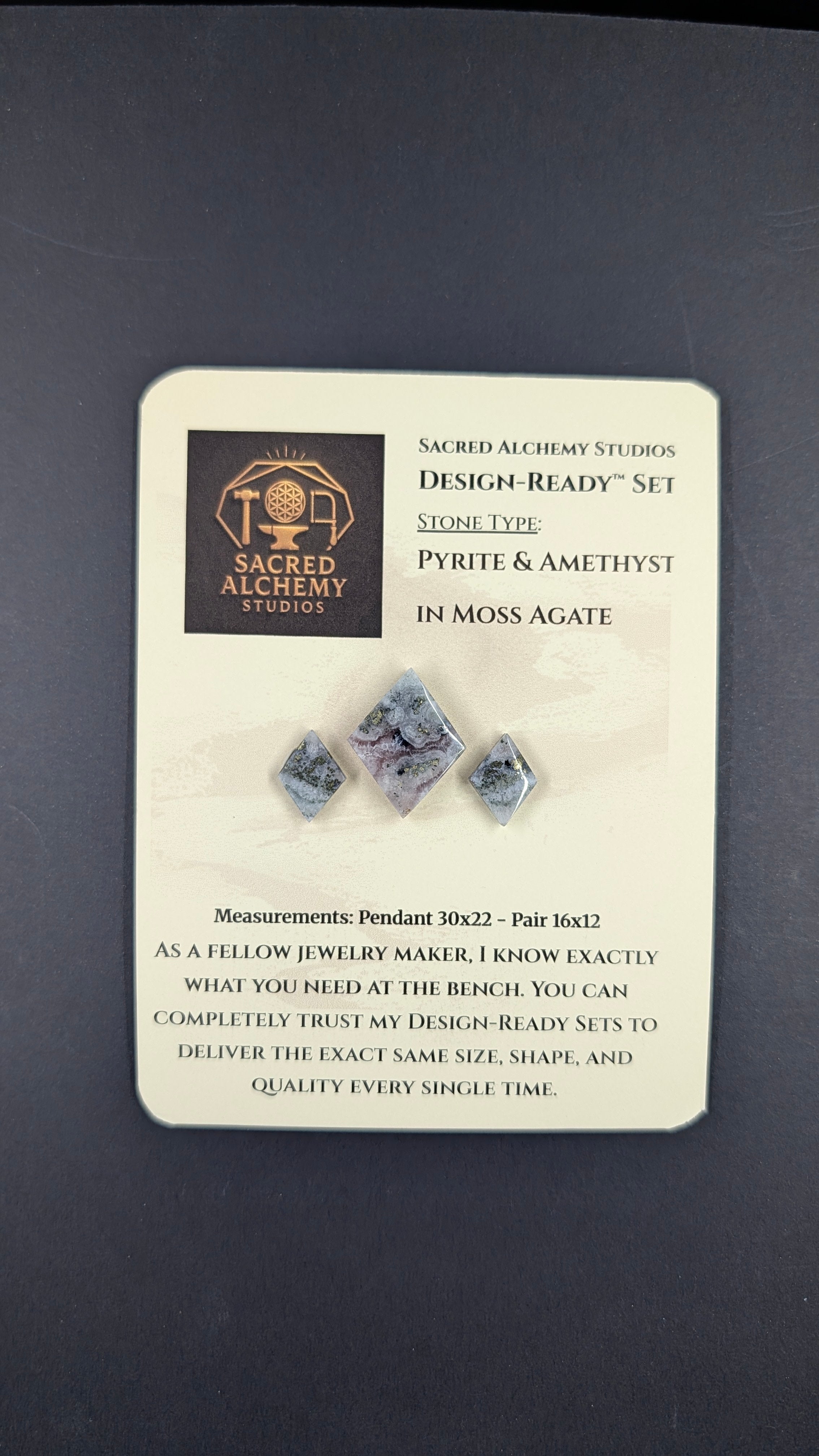 Rhombus Shape - Pyrite & Amethyst in Moss Agate - Design-Ready™ Set