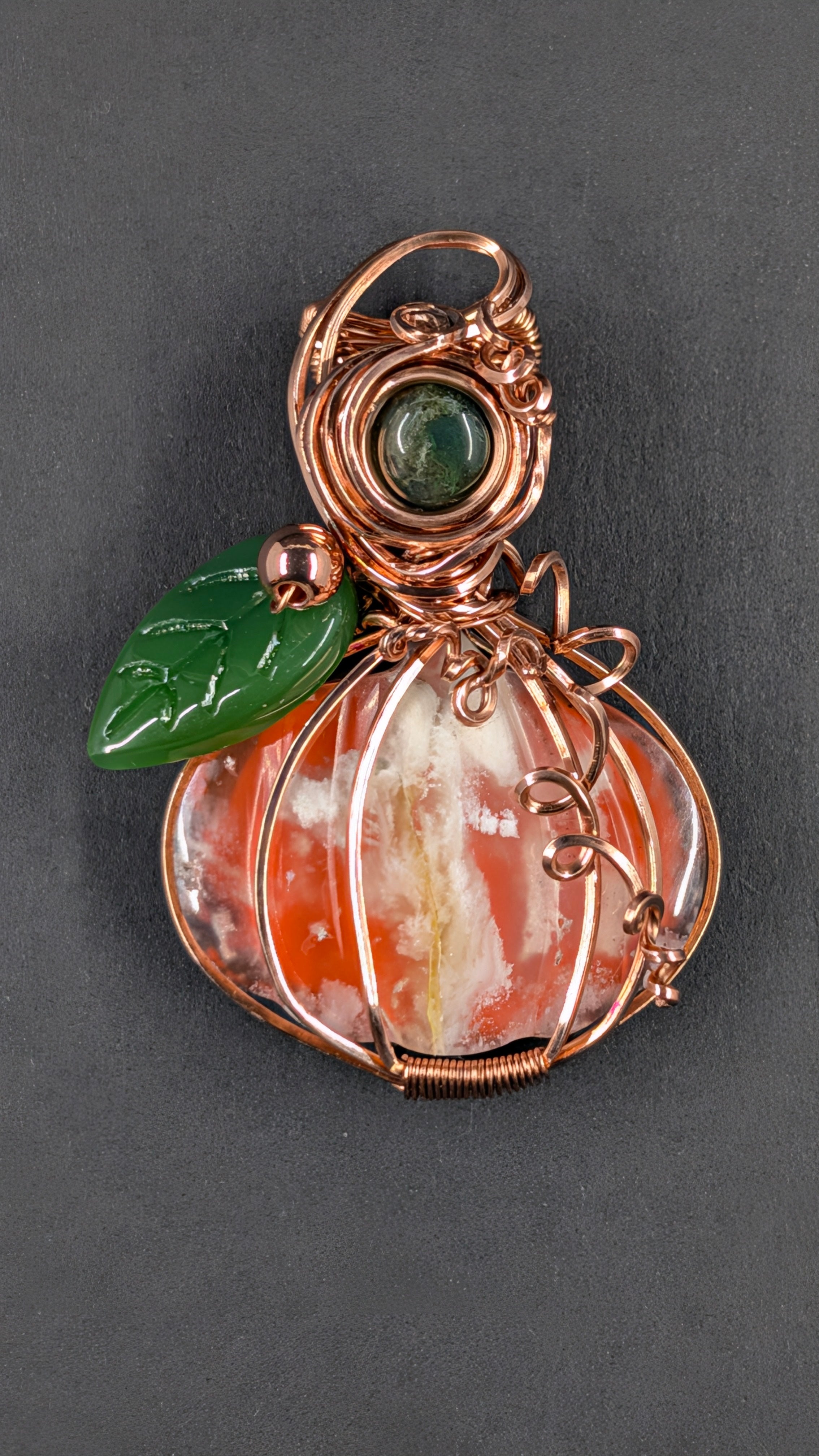 Spooky Season Pumpkin - Orange Plume Agate Copper Wire Wrapped Pendant with Moss Agate Accent & Glass Leaf Bead
