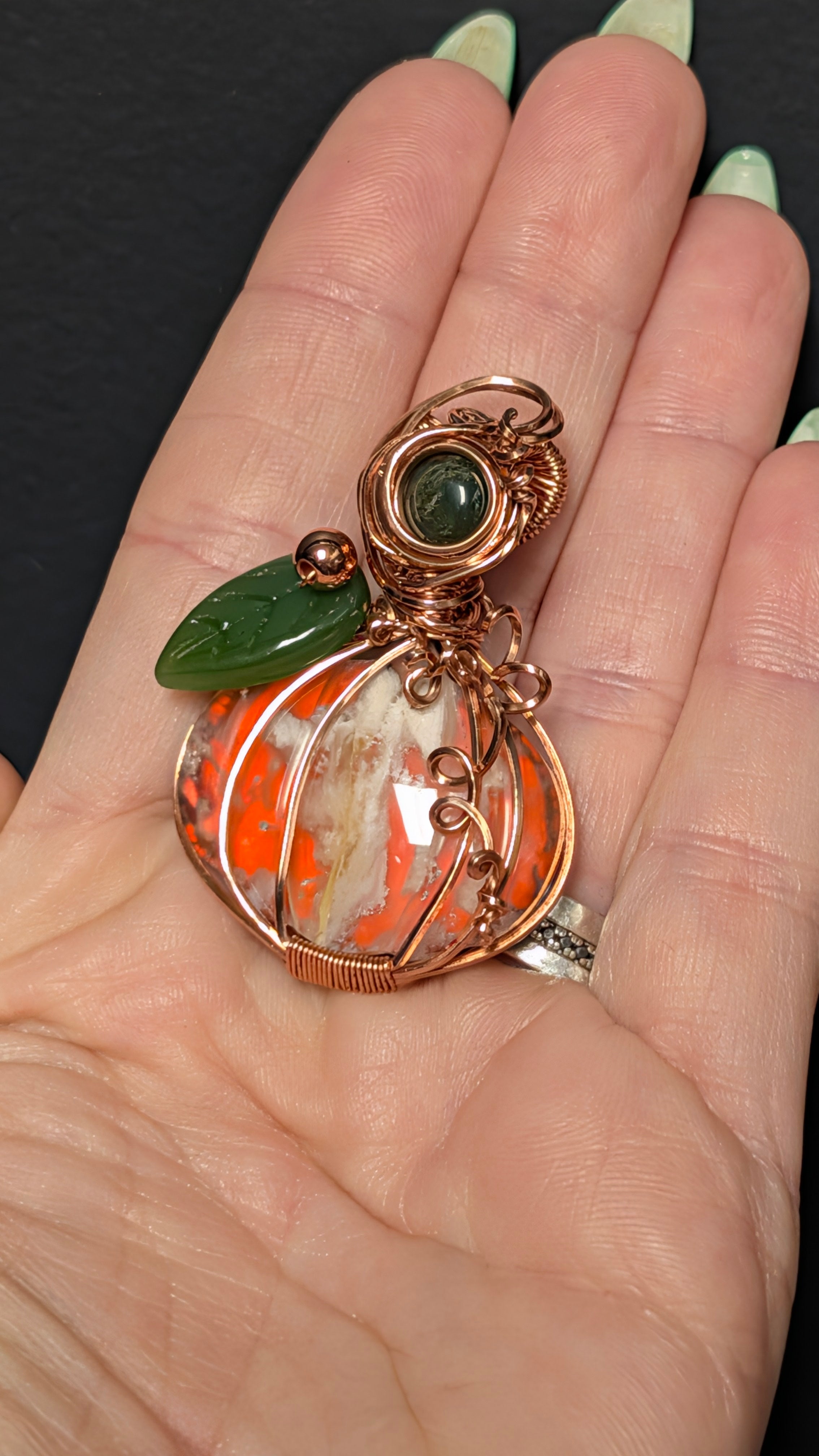 Spooky Season Pumpkin - Orange Plume Agate Copper Wire Wrapped Pendant with Moss Agate Accent & Glass Leaf Bead