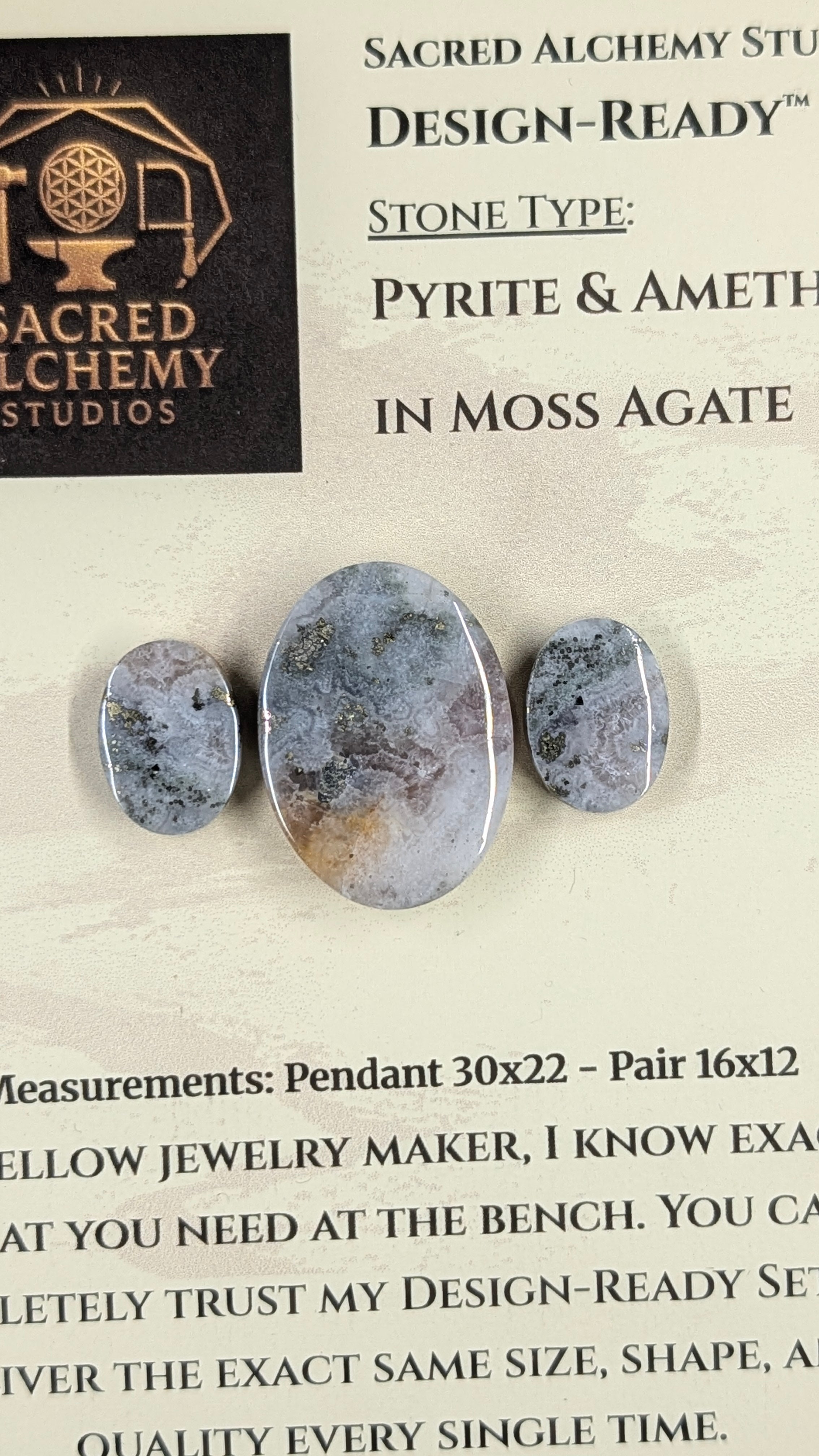 Pyrite &amp; Amethyst in Moss Agate - Oval Shape - Design-Ready™ Set