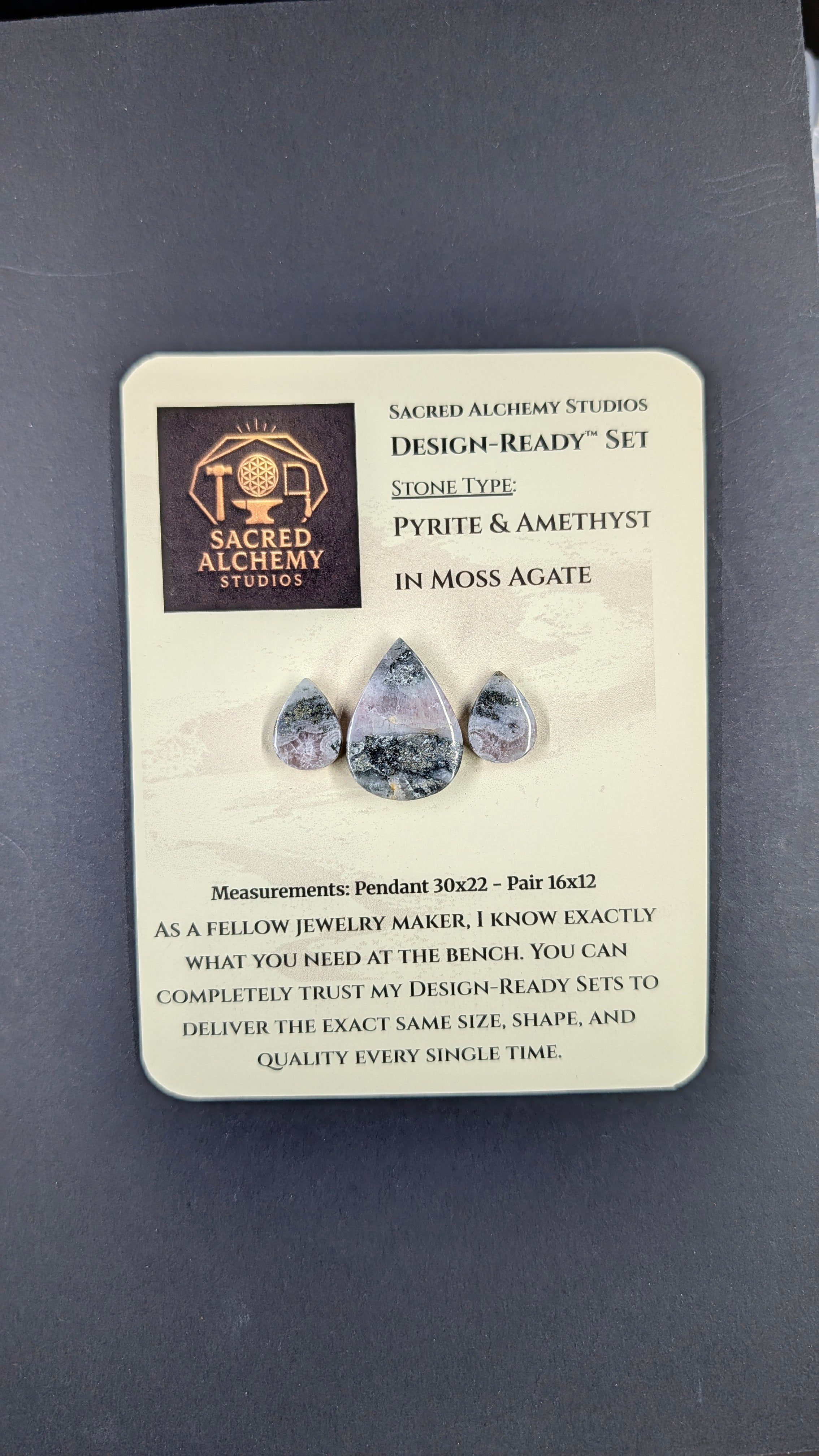 Pyrite &amp; Amethyst in Moss Agate - Tear Shape - Design-Ready™ Set
