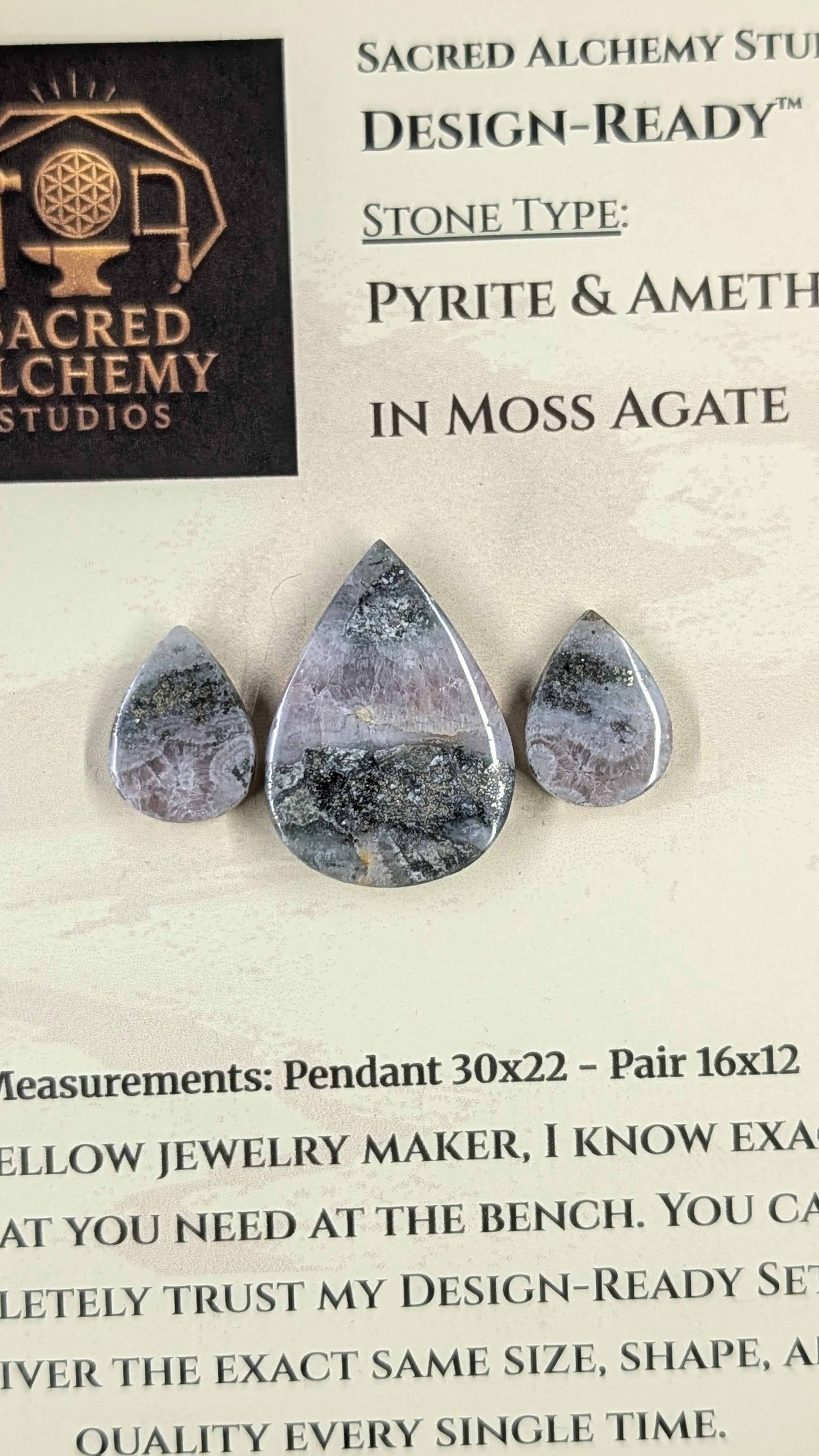 Pyrite &amp; Amethyst in Moss Agate - Tear Shape - Design-Ready™ Set