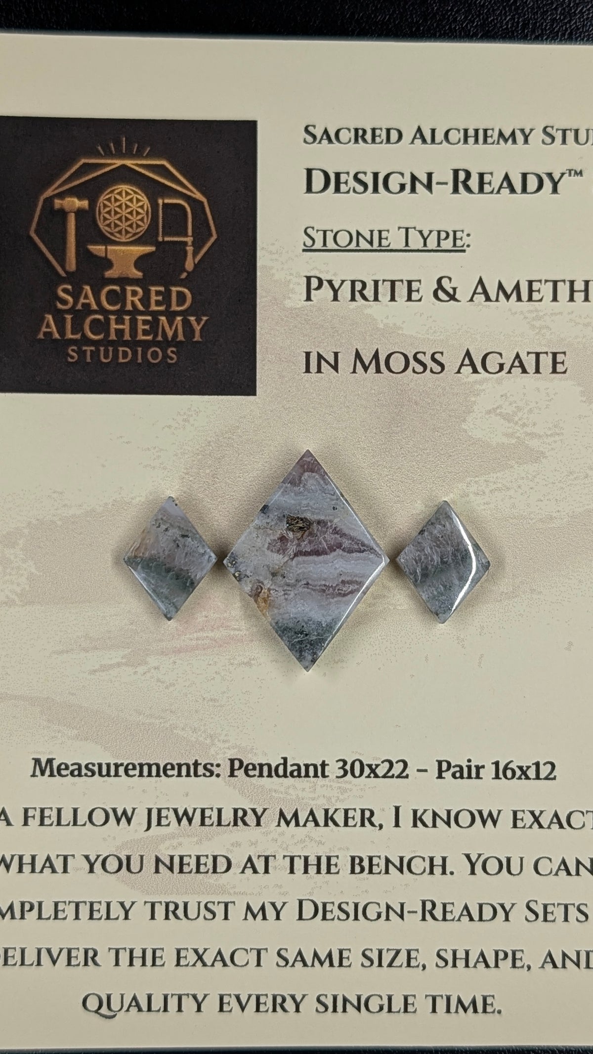 Rhombus Shape - Pyrite & Amethyst in Moss Agate - Design-Ready™ Set