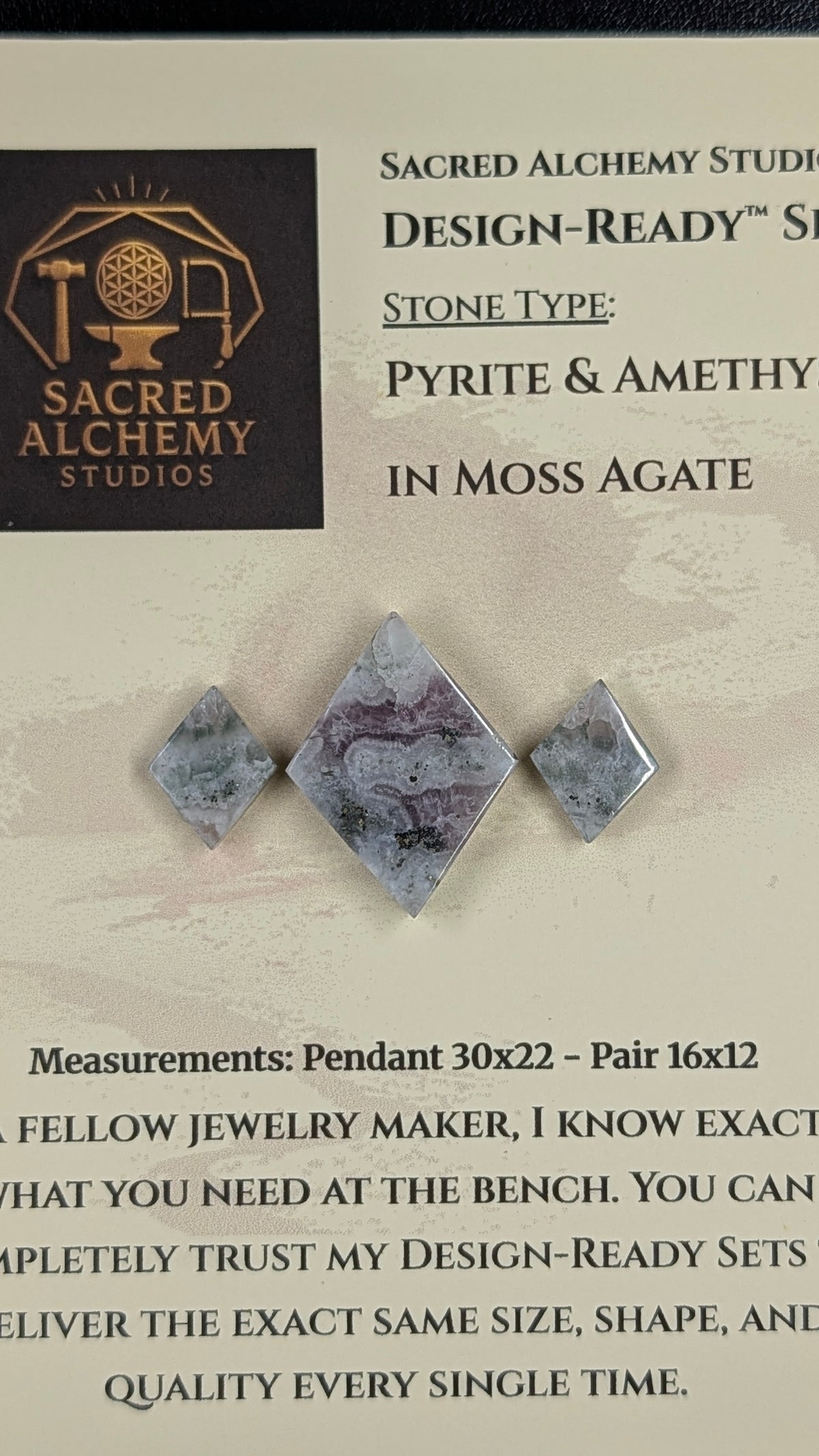 Rhombus Shape - Pyrite & Amethyst in Moss Agate - Design-Ready™ Set