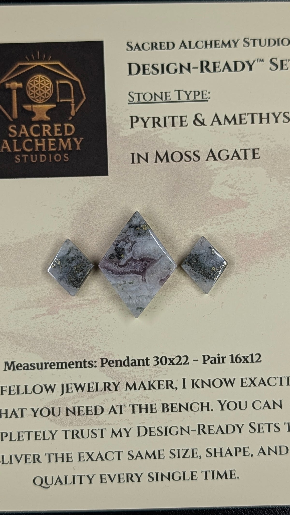 Rhombus Shape - Pyrite & Amethyst in Moss Agate - Design-Ready™ Set