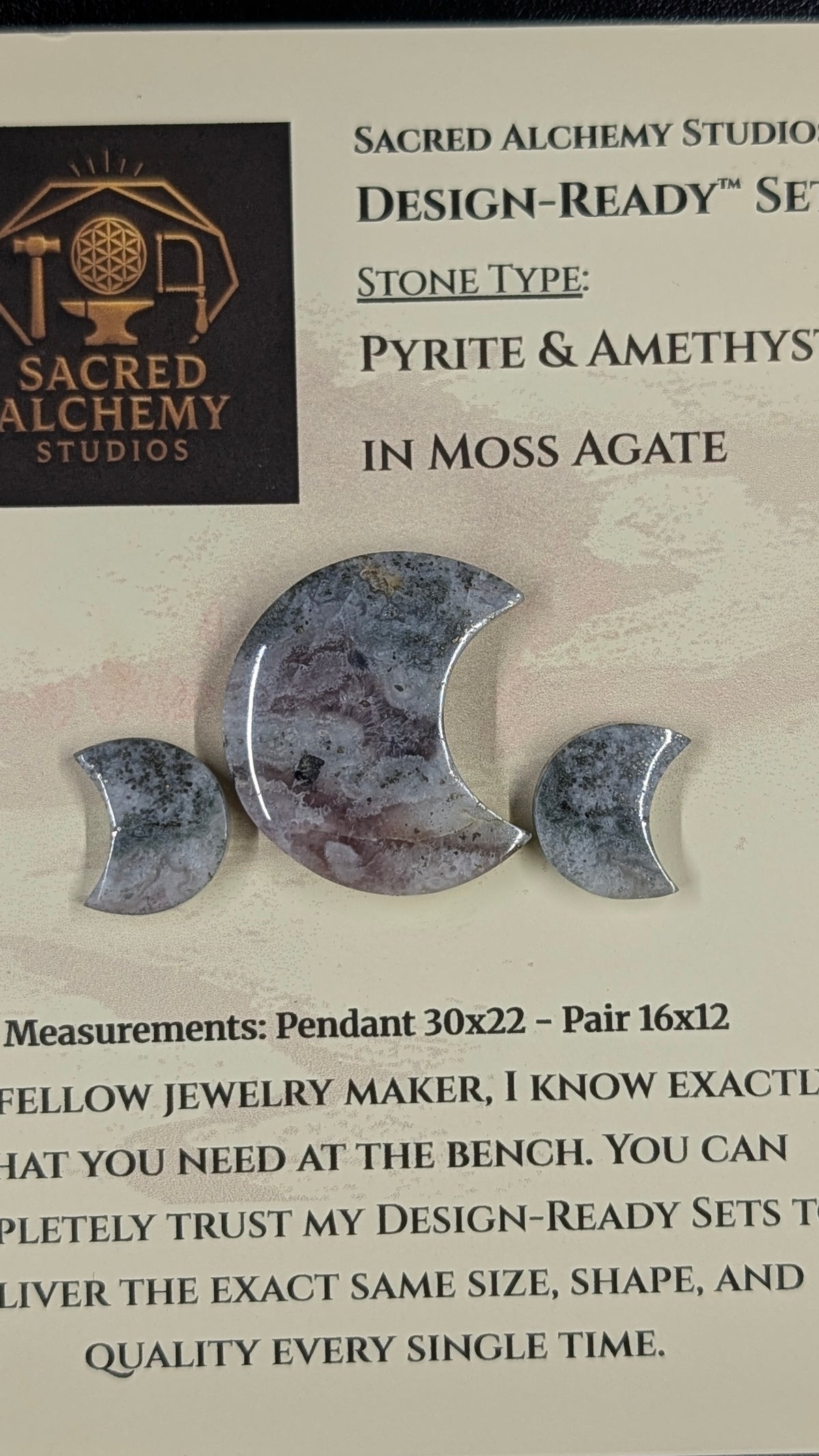 Crescent Moon - Pyrite & Amethyst in Moss Agate - Design-Ready™ Set