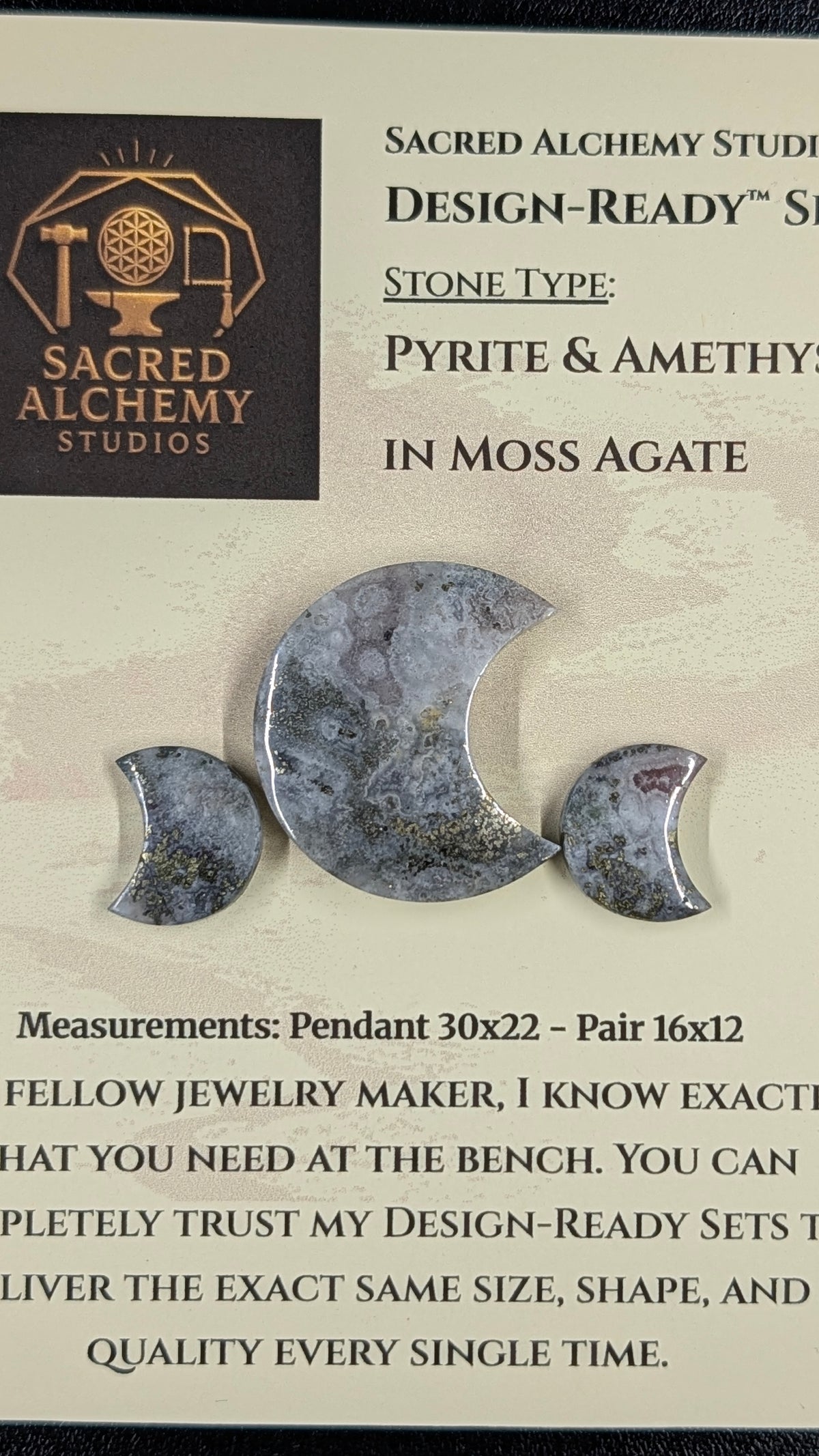 Crescent Moon - Pyrite & Amethyst in Moss Agate - Design-Ready™ Set