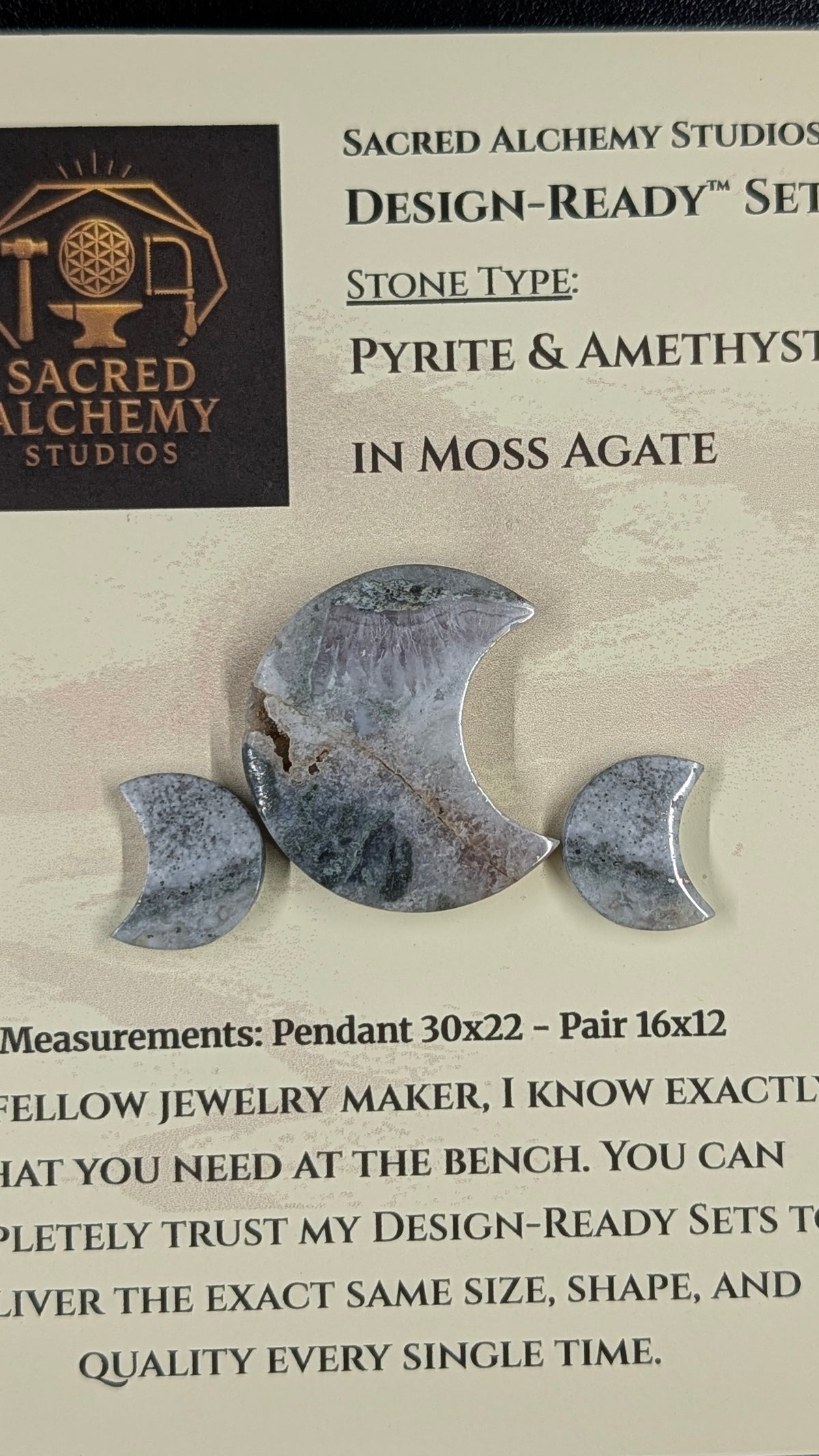 Crescent Moon - Pyrite & Amethyst in Moss Agate - Design-Ready™ Set