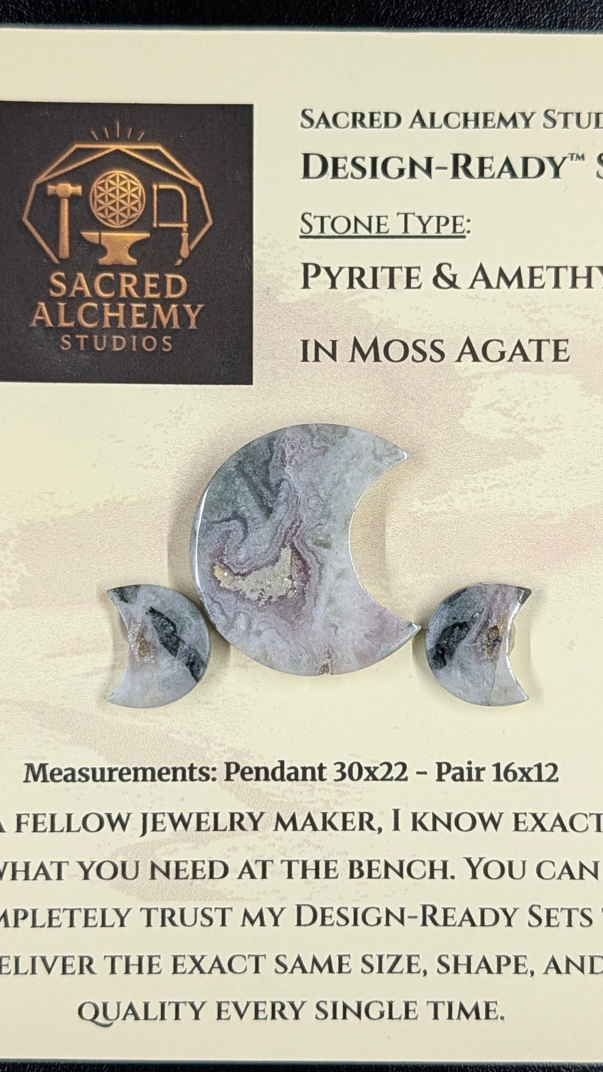 Crescent Moon - Pyrite & Amethyst in Moss Agate - Design-Ready™ Set