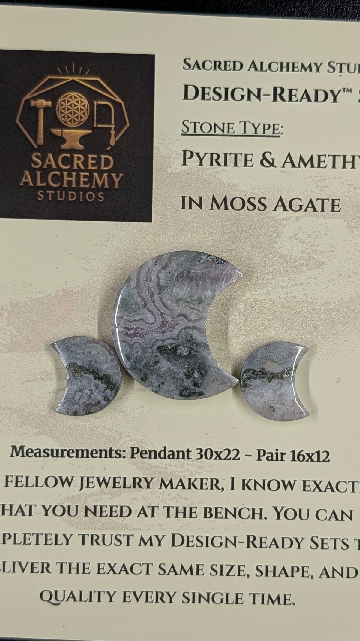 Crescent Moon - Pyrite & Amethyst in Moss Agate - Design-Ready™ Set