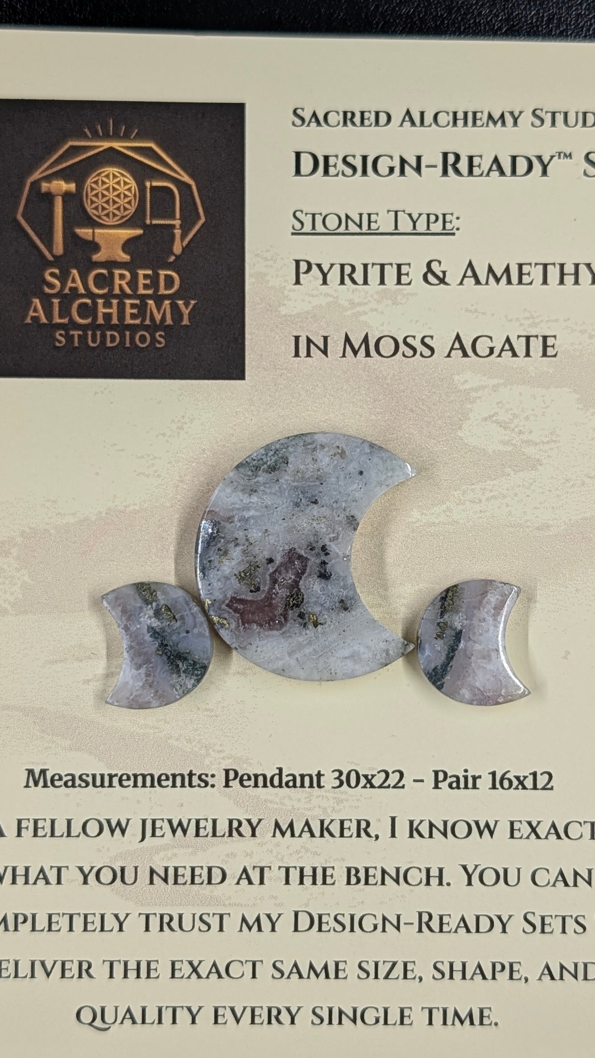 Crescent Moon - Pyrite & Amethyst in Moss Agate - Design-Ready™ Set