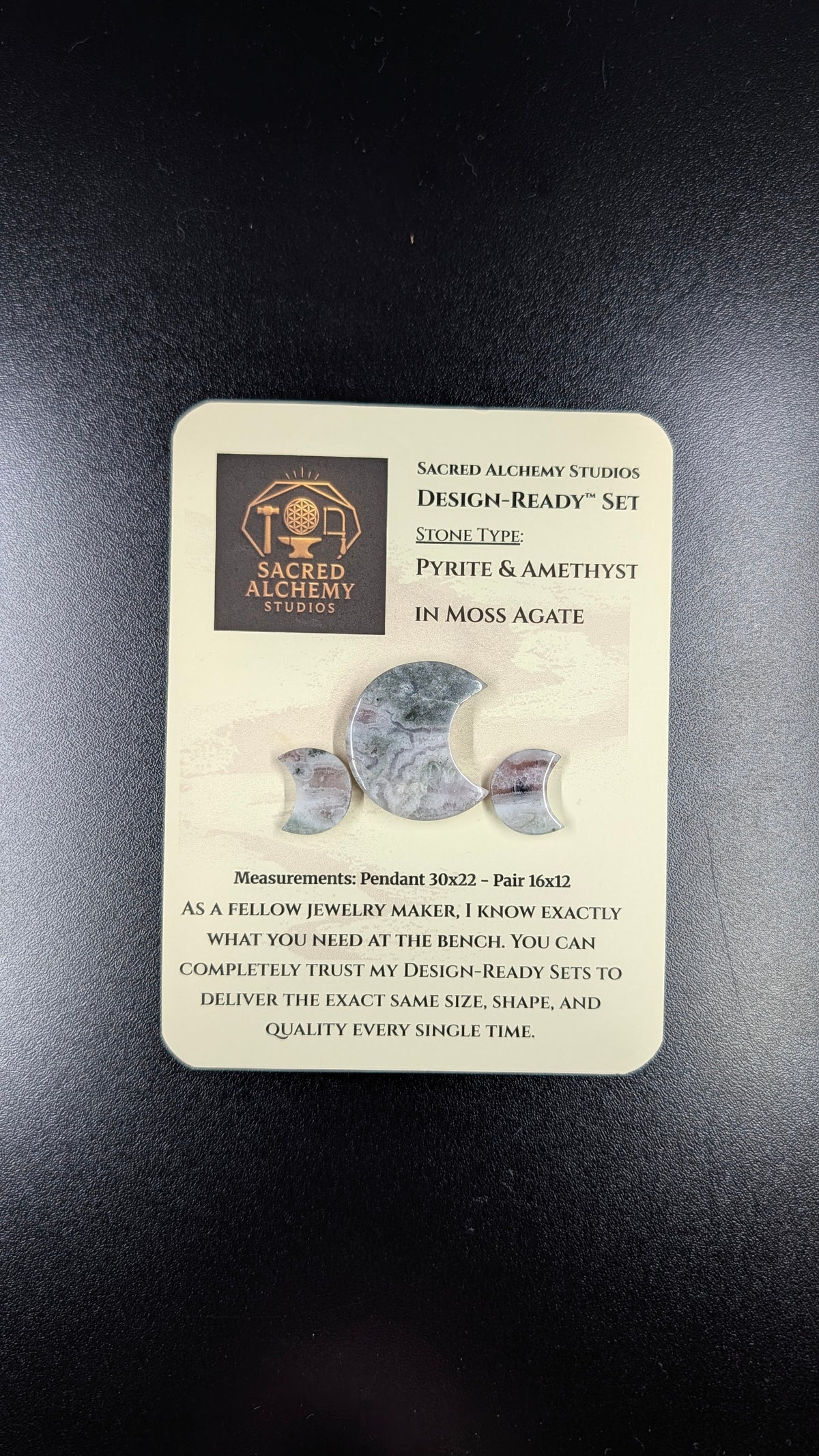 Crescent Moon - Pyrite & Amethyst in Moss Agate - Design-Ready™ Set