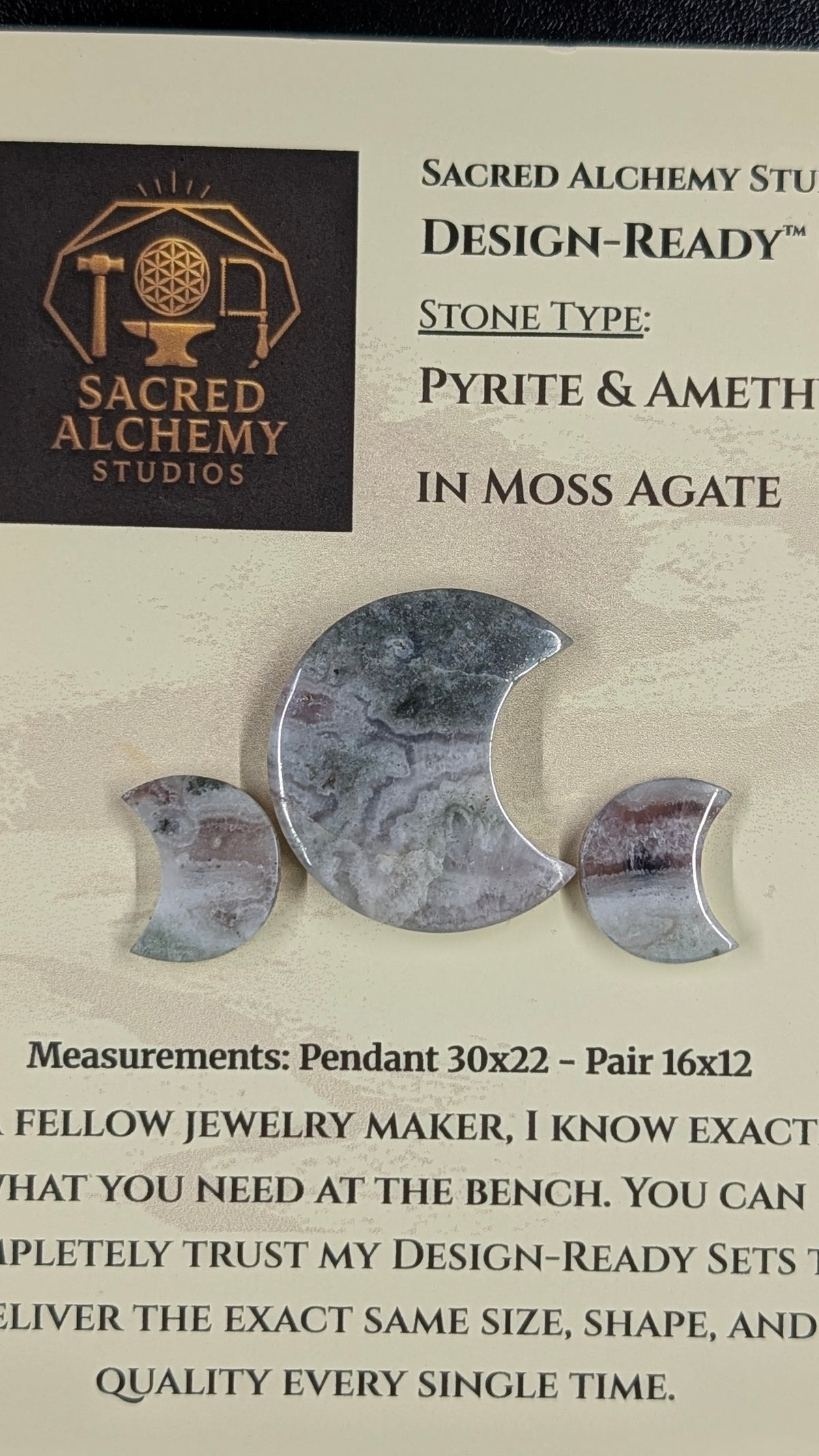 Crescent Moon - Pyrite & Amethyst in Moss Agate - Design-Ready™ Set