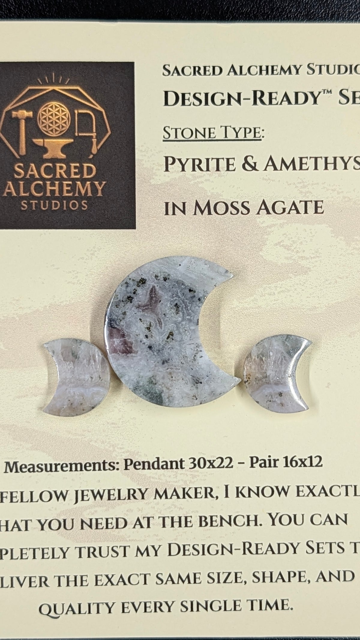Crescent Moon - Pyrite & Amethyst in Moss Agate - Design-Ready™ Set