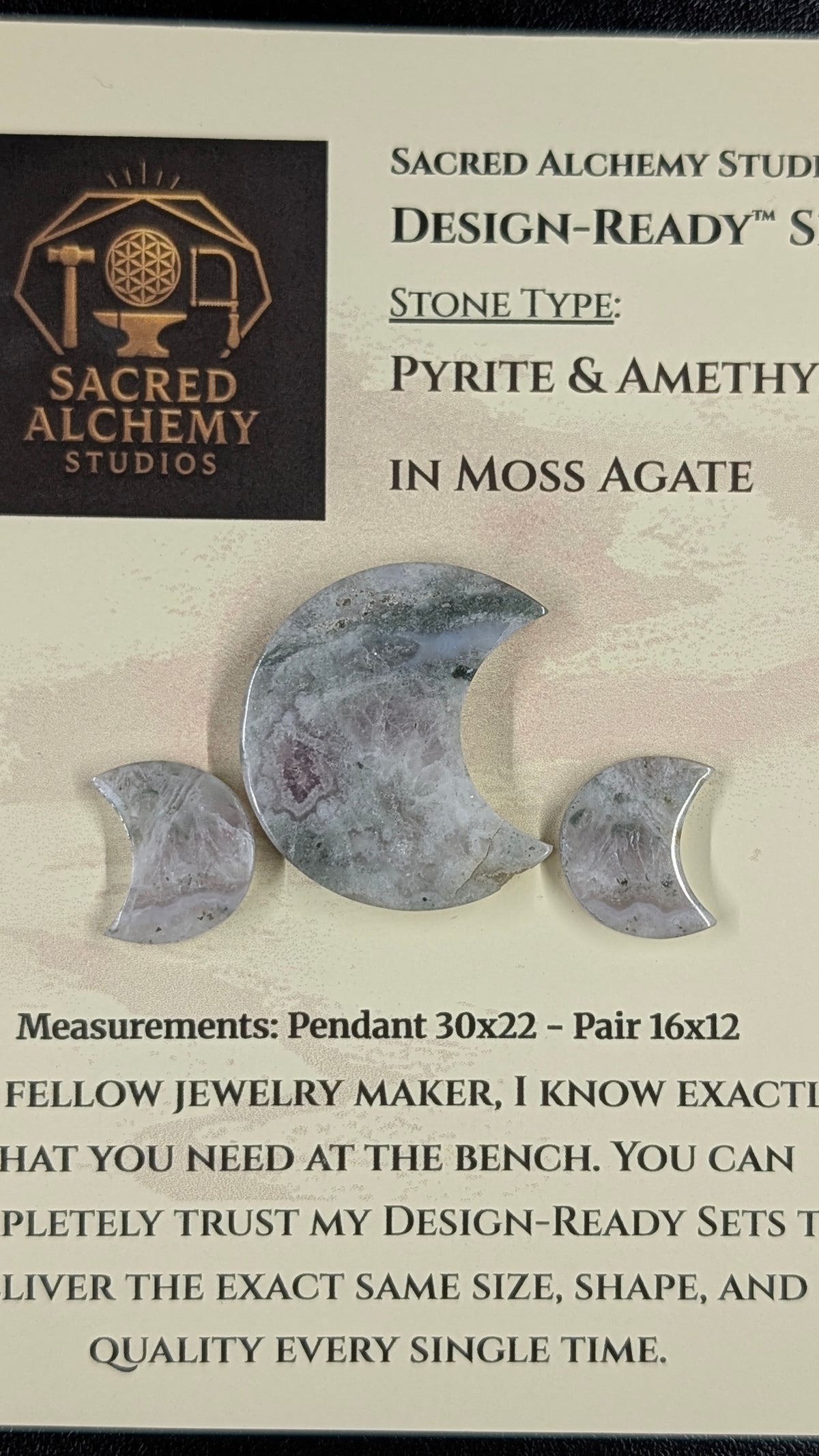 Crescent Moon - Pyrite & Amethyst in Moss Agate - Design-Ready™ Set