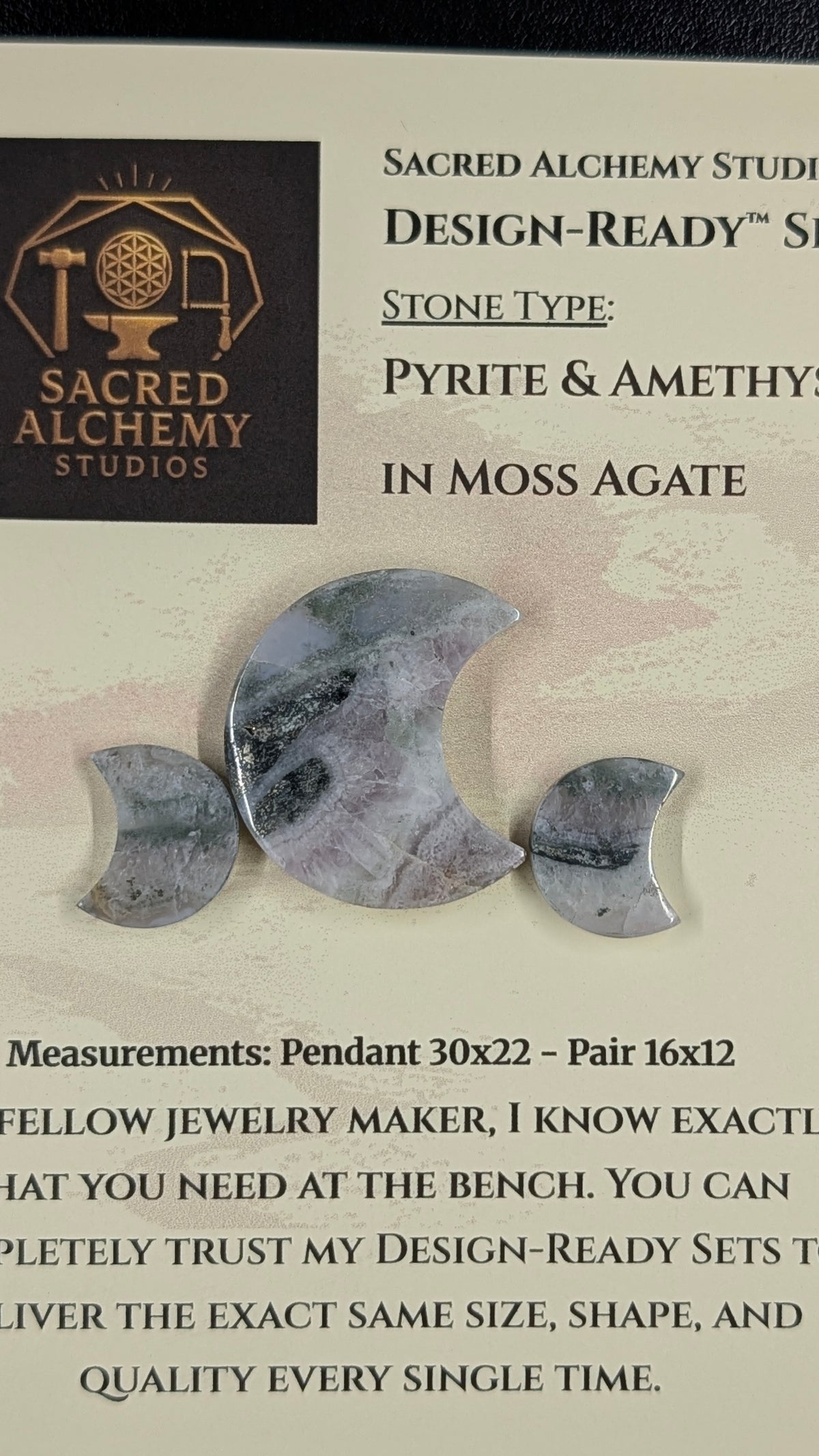 Crescent Moon - Pyrite & Amethyst in Moss Agate - Design-Ready™ Set