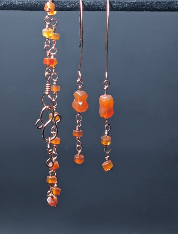 Handmade Carnelian Copper Earrings And Bracelet Set With Hand Wrapped Stones And Vintage Charm by Sacred Alchemy Studios