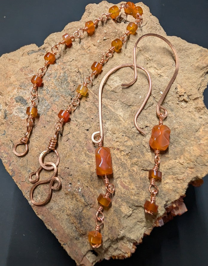Handmade Carnelian Copper Earrings And Bracelet Set With Hand Wrapped Stones And Vintage Charm by Sacred Alchemy Studios