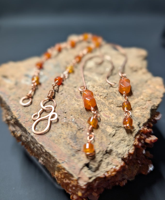 Handmade Carnelian Copper Earrings And Bracelet Set With Hand Wrapped Stones And Vintage Charm by Sacred Alchemy Studios