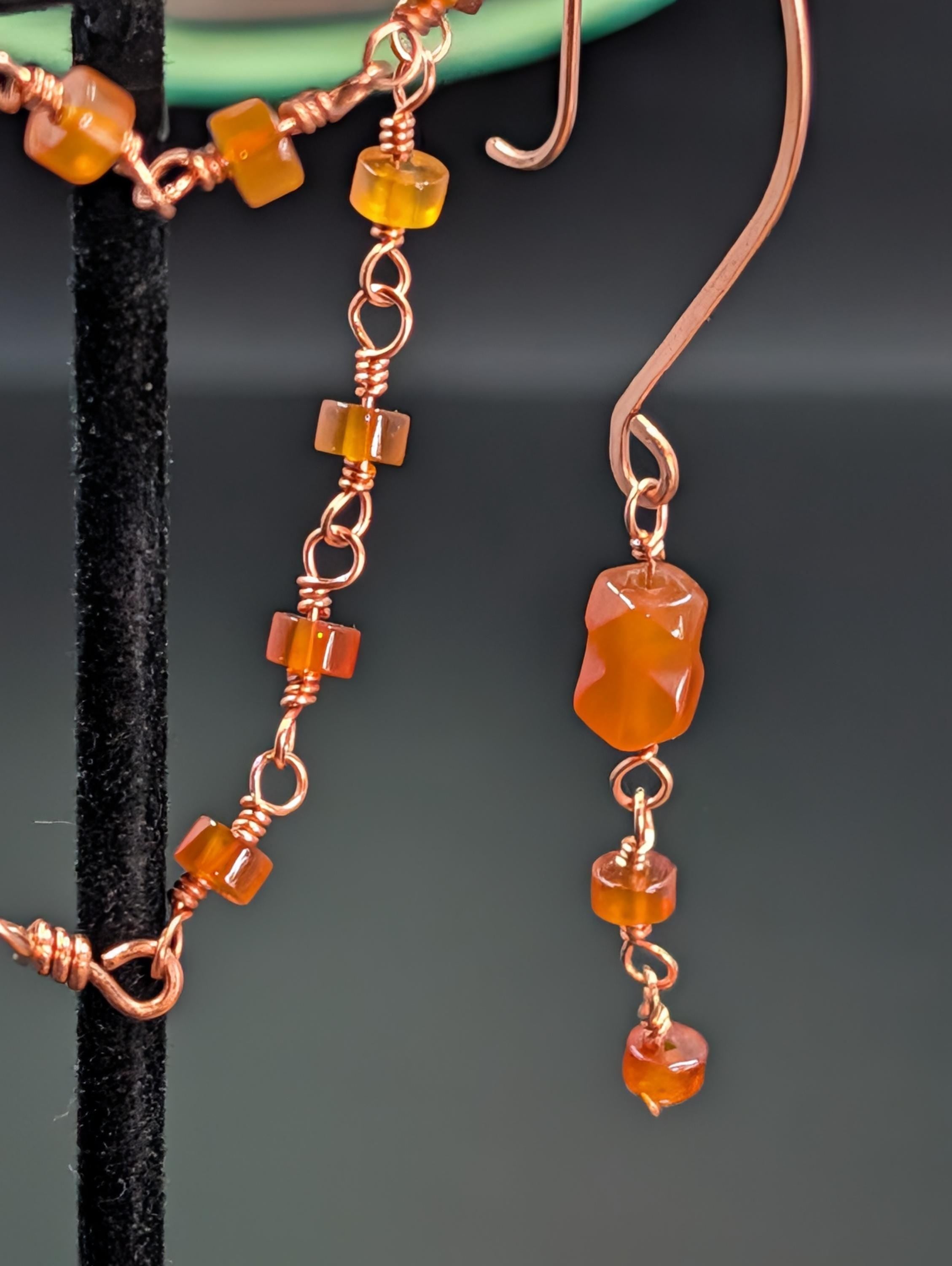 Handmade Carnelian Copper Earrings And Bracelet Set With Hand Wrapped Stones And Vintage Charm by Sacred Alchemy Studios