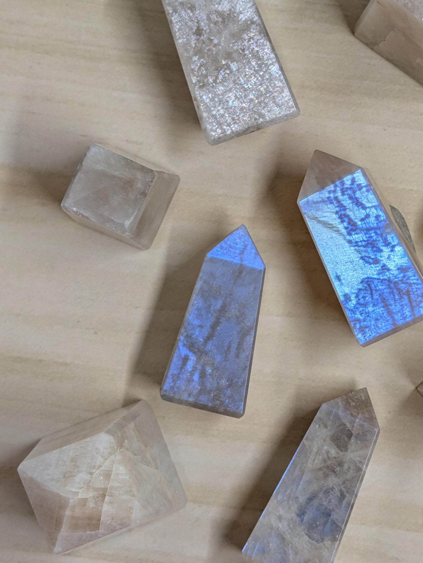 Fancy Moonstone Towers (White Labradorite) – Polished Crystal Points