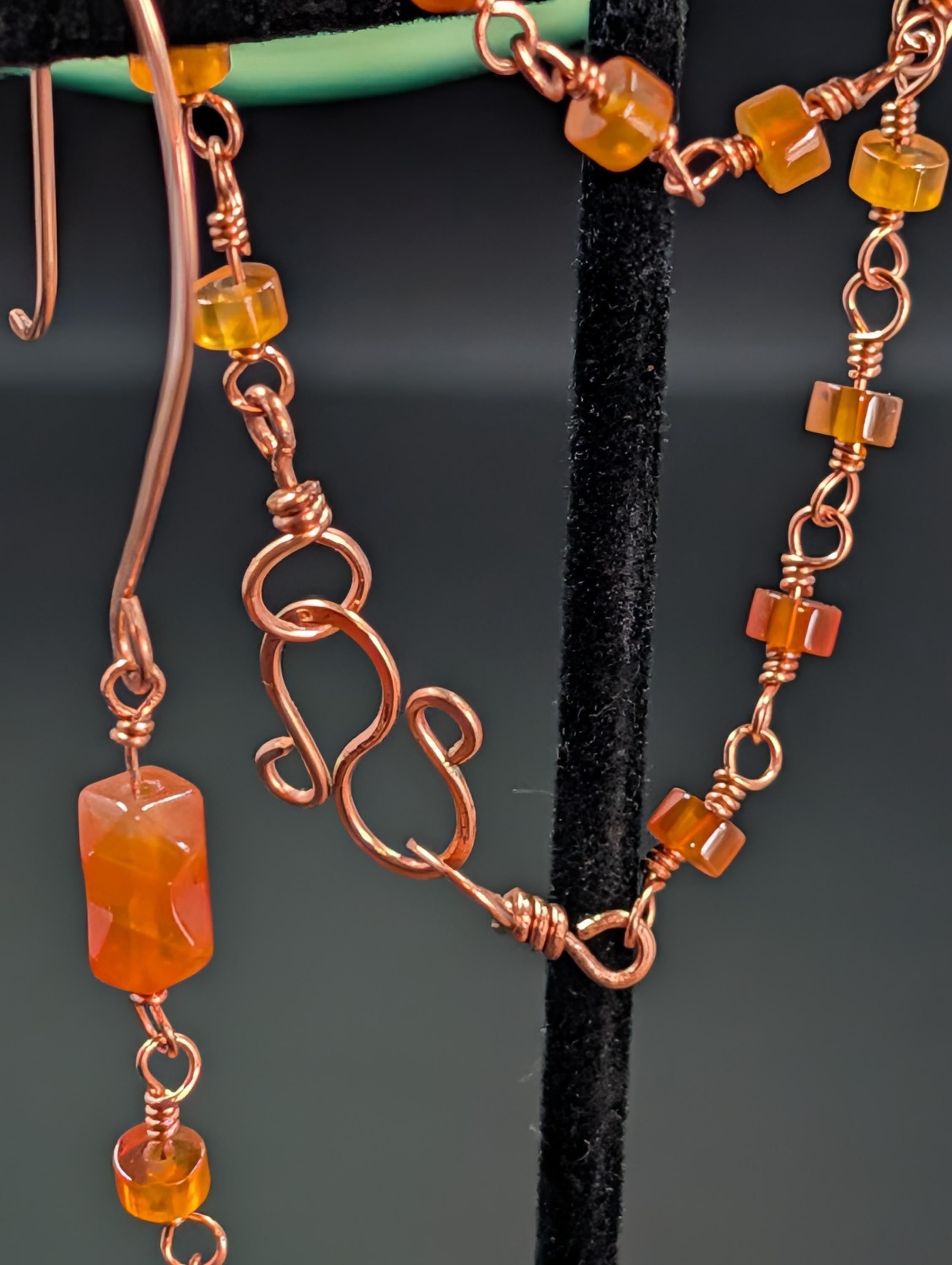 Handmade Carnelian Copper Earrings And Bracelet Set With Hand Wrapped Stones And Vintage Charm by Sacred Alchemy Studios